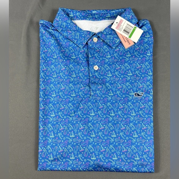 Vineyard Vines Golf Shirt Polo Good Vibes Print Large Blue Polyester Spandex